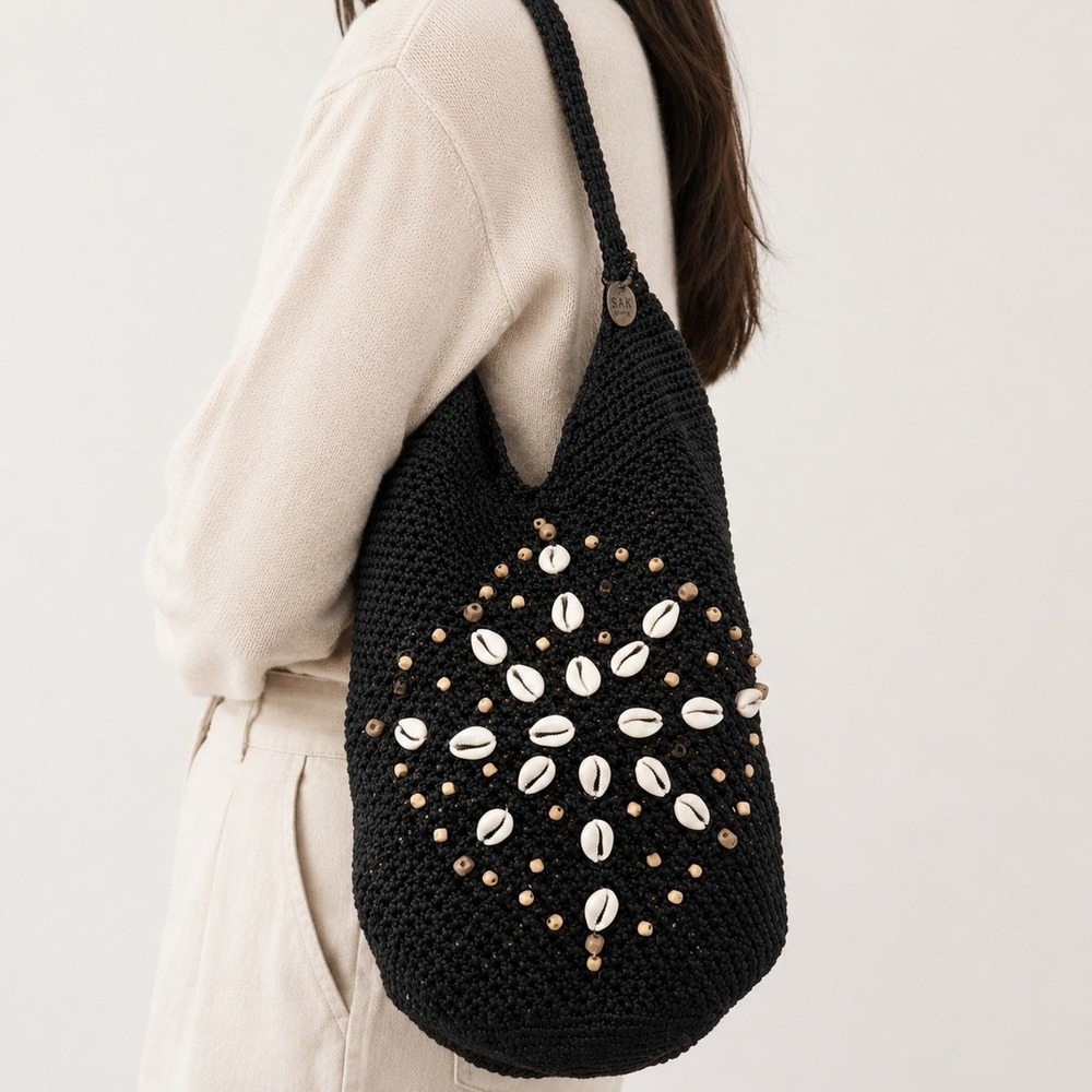 The Sak Original Black Crochet Cowrie Shell Beaded Hobo Shoulder Tote Bag